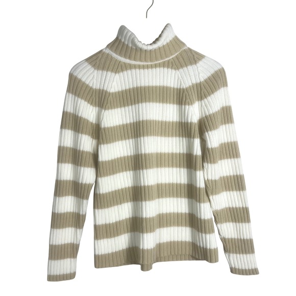 Vtg Eddie Bauer Ribbed Turtleneck Sweater Striped Cotton Blnd Beige White Tall M - Picture 1 of 9